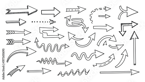Hand drawn sketch arrows pointing various directions and styles providing directional guidance for infographics, web pages, educational materials, and presentations.