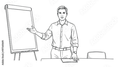 Sketch of a confident young man in a collared shirt actively presenting ideas and information using a flip chart, ideal for educational content, business presentations, or workshop materials