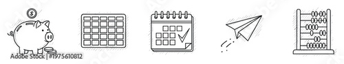 Collection of essential hand drawn business and finance icons including savings, planning, scheduling, communication, and calculation tools for various professional and educational projects