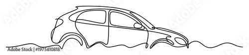 Modern single line car drawing depicting a compact hatchback vehicle with dynamic wavy ground ideal for transportation concept advertisements or automotive related digital media
