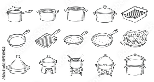 Various kitchen pots and pans hand drawn line art style for cooking related content and culinary themes perfect for recipe books or kitchen appliance catalogs