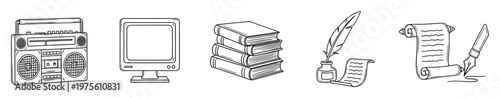 A collection of handdrawn outline icons representing the evolution of information and media technology from ancient writing tools to vintage electronics, suitable for educational content