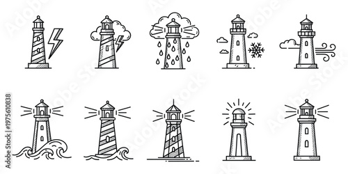 Collection of lighthouse icons in various weather conditions like stormy, rainy, snowy, and windy, perfect for nautical themes, maritime safety, or navigation graphic resources.
