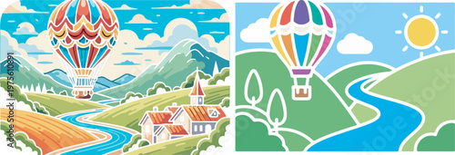 Hot air balloon over scenic landscape with houses eps 10