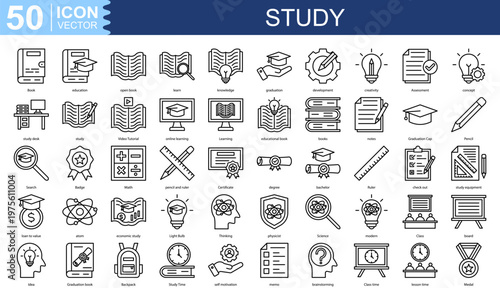study  Icon Set Collection Pack Vector Illustration Concept. Containing learn, knowledge, graduation, development, creativity, Assessment, concept icon