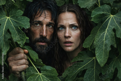Adam and Eve hide in lush foliage with expressions of profound fear and guilt.