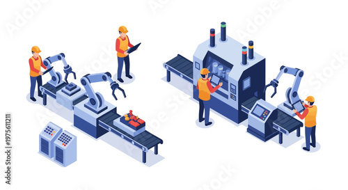 Isometric vector art depicts factory workers overseeing automated machine systems on conveyor belts, showing the electricity-powered construction and manufacturing process in a clean