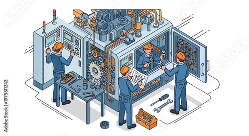 Isometric illustration showing factory engineering: Several workers maintain a complex machine system, referring to blueprints and using tools in a bright, clean construction