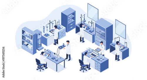 Isometric illustration of scientists working in a factory engineering lab, performing experiments with electrical machines and lab equipment, depicted with a clean and modern vector design
