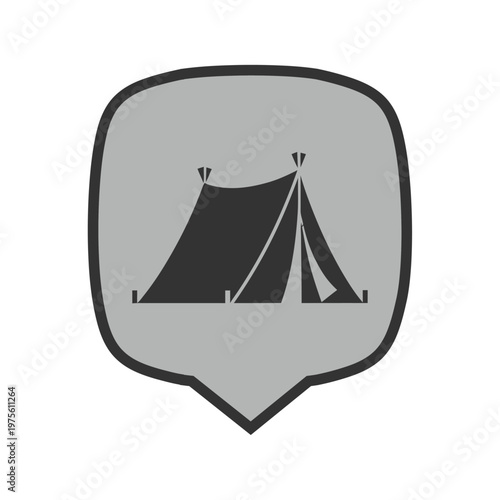 Large canvas tent icon inside location marker shield for glamping and luxury camping sites