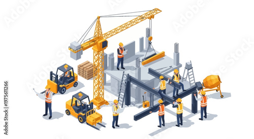 Isometric vector art depicts construction workers operating machinery and assembling a building structure, showcasing factory engineering with a clean design and a bright, illustrative
