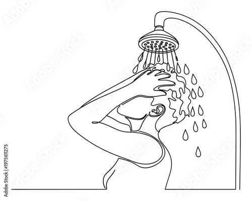Continuous line drawing of a person washing hair under a showerhead symbolizing cleanliness selfcare and hygiene routines perfect for health and wellness related content