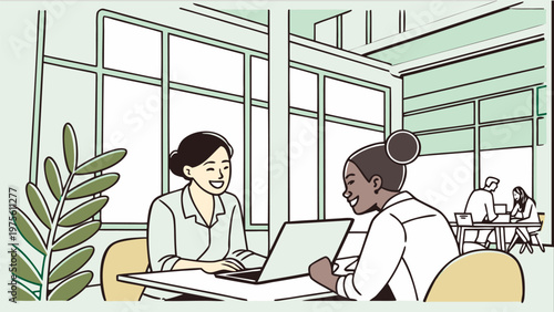 Vector illustration of coworkers meeting in modern office. Corporate teamwork, brainstorming session, project planning, communication, and professional collaboration concept.