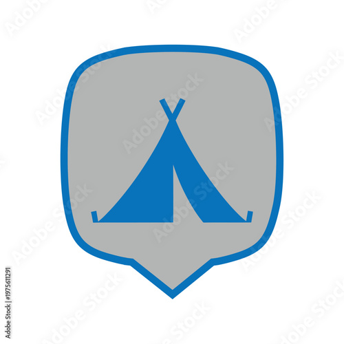 Blue adventure tent symbol within shield shaped location marker for tourist map pointers