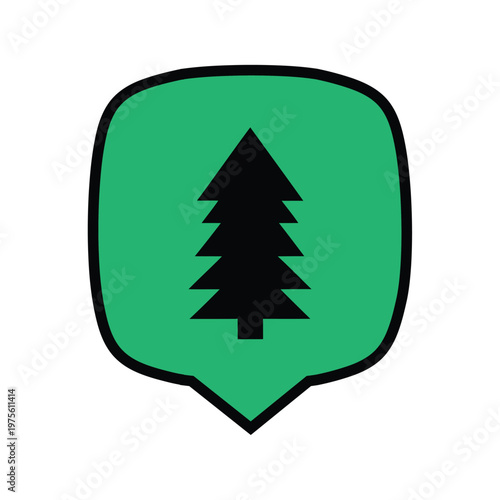 Pine tree silhouette within green map pin for forest locations. Forestry and park service branding symbol for outdoor recreational areas. Minimalist evergreen icon for environmental tracking.