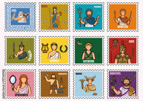 Greek Gods and Goddesses Minimalist Vector Postage Stamp Set