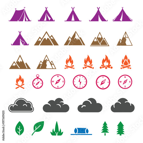 Collection of camping and outdoor icons featuring various tent styles, rugged mountains, blazing campfires, directional compasses, fluffy clouds, green leaves, and trees. Perfect for illustrating natu