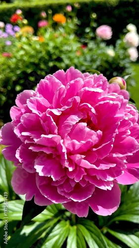 Large pink peony in a vibrant garden with lush greenery