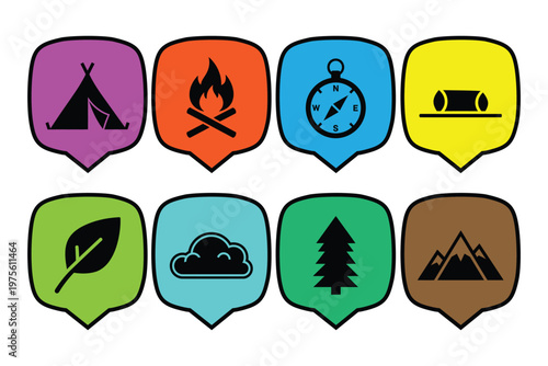 Eight colorful outdoor and camping icons in speech bubble shapes, including tent, campfire, compass, and nature elements