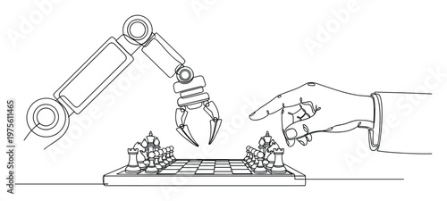 Line drawing portrays robotic arm and human hand playing chess, symbolizing strategic humanAI interaction, ideal for showcasing technology, automation, future concepts, and artificial