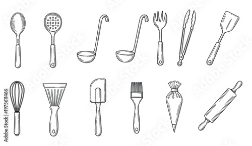 Essential kitchen utensils collection for cooking and baking food preparation, perfect for culinary blog graphics, restaurant menus, or recipe book illustrations