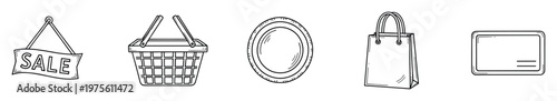 Hand drawn line shopping icons including sale sign, market basket, round token, paper carrier bag, and payment card for ecommerce website graphics and retail store promotions.