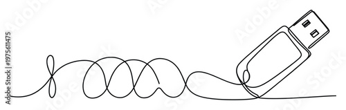 Continuous line drawing of a USB flash drive with a wavy cord, symbolizing data transfer and technology connection for modern digital business presentations.