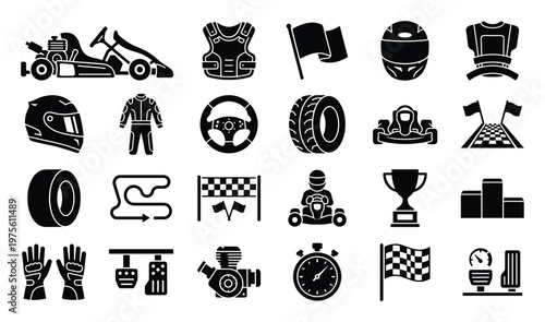Dynamic set of go kart racing equipment and track elements perfect for automotive industry branding, sport competition graphics, or speed related app interfaces.