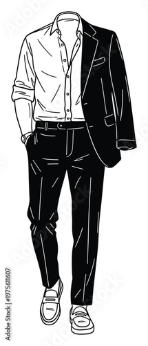A stylish black and white line drawing of a headless man in a smart casual outfit featuring a white shirt black trousers and a blazer draped over the shoulder suitable for mens fashion and