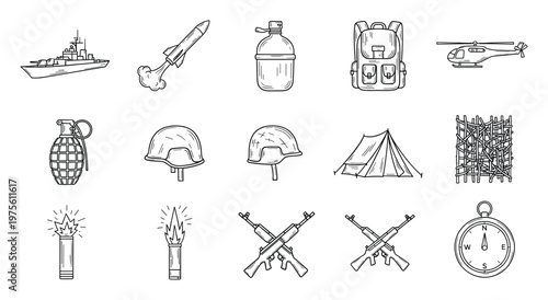 Collection of military and survival gear line icons featuring war vehicles, essential equipment, and tactical tools, ideal for graphic resources, web interfaces, applications, and