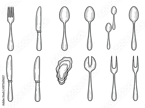 A collection of various kitchen cutlery items featuring forks, spoons, and knives, along with an oyster shell, presented in a detailed handdrawn line style suitable for culinary branding