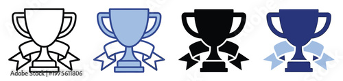 A series of stylized trophy icons complete with flowing ribbons, perfectly symbolizing achievement, victory, and success, making them ideal for recognizing excellence, celebrating wins, and