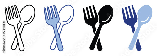 Collection of stylized graphic fork and spoon utensil symbols representing dining and eating suitable for restaurant menus cooking applications and food related branding.