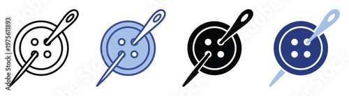 Sewing button with needle threaded through its holes, a simple yet effective graphic representation for craft projects, clothing repair services, textile applications, or any DIY related