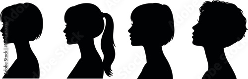 Female profile silhouettes collection with diverse hairstyles, side view portraits, beauty and fashion concept, women identity, hair style variation set