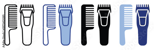 Assortment of hair combs and electric clippers in diverse outline, filled, and solid black and blue styles, perfect for barbershop branding, grooming product labels, and salon visuals.