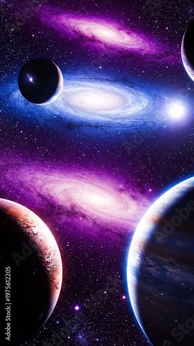 Planets and galaxies in a vibrant, cosmic space scene