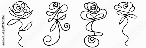 Set flowers on a stem with leaves. Vector illustration for your design.  Simple linear style.
