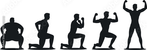Fitness transformation silhouettes from overweight to muscular bodybuilder, weight loss journey, strength training progress, health improvement and bodybuilding success concept