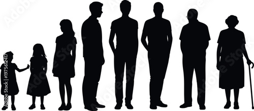 Human aging silhouettes from child to elderly, stages of life progression, growth and development concept, generational change and lifespan journey