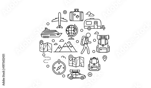 Modern travel and hiking line icons vector set with airplane, globe, backpack, mountains, and road trip symbols