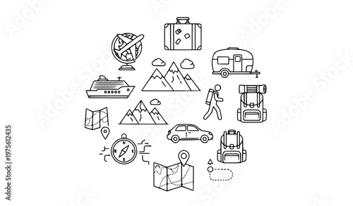 Modern travel and hiking line icons vector set with airplane, globe, backpack, mountains, and road trip symbols