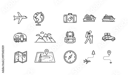 Minimal travel and adventure line icon collection with airplane, caravan, hiking, and road trip vector symbols