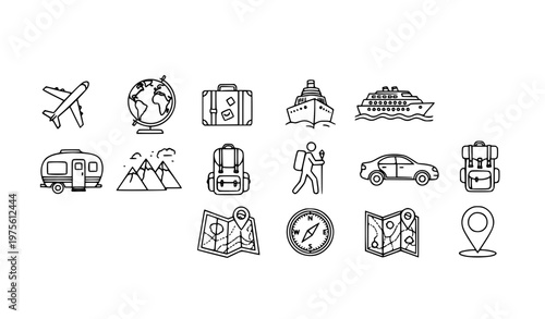 Minimal travel and adventure line icon collection with airplane, caravan, hiking, and road trip vector symbols