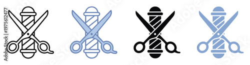 Classic barbershop pole symbol with crossing scissors representing mens grooming and haircutting services perfect for salon branding, application icons, and professional business signage