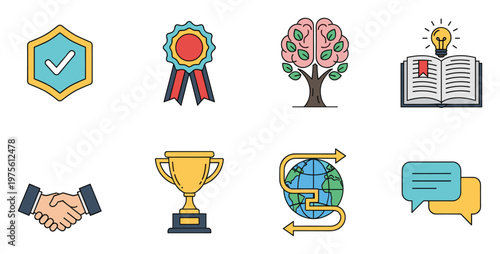 Professional business and education achievement symbols including security, award, knowledge, inspiration, partnership, success, global network, and communication for corporate
