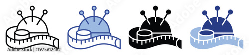 A collection of sewing and tailoring icons featuring pin cushions with colorful pins and flexible measuring tapes, perfect graphic resources for crafting applications and textilerelated