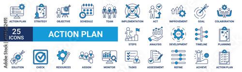 Action plan icon set. Containing strategy, objective, schedule, team, implementation, act, improvement, goal, collaboration and more. Blue vector icons collection.