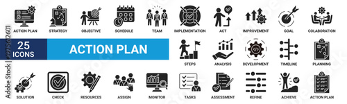 Action plan icon set. Containing strategy, objective, schedule, team, implementation, act, improvement, goal, collaboration and more. Glyph vector icons collection.