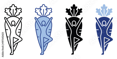 Vibrant carrot vegetable and human figure in yoga tree pose icon set representing healthy lifestyle, wellness, organic food, fitness, nutrition, and vegetarian diet applications